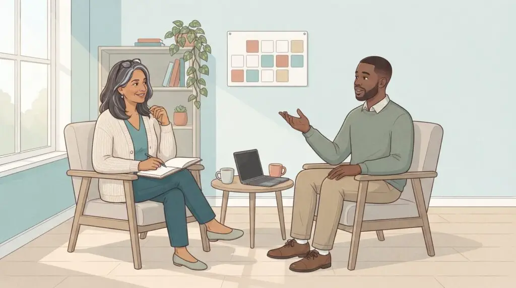 An ADHD coach with a notebook listens as her client talks during a relaxed one-to-one accountability coaching session in a bright, homely room