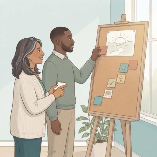 An ADHD coach and her client place sticky notes on a cork board as a path leading up to a hand-drawn picture of his goal