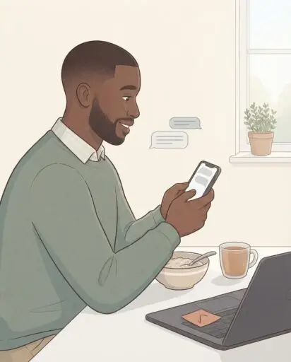 A man with ADHD smiles as he reads a short check-in message from his coach on his phone at the breakfast table