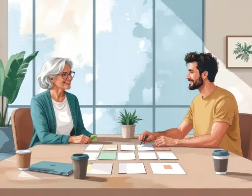 Two colleagues arranging blank coloured cards into a weekly plan in a meeting room