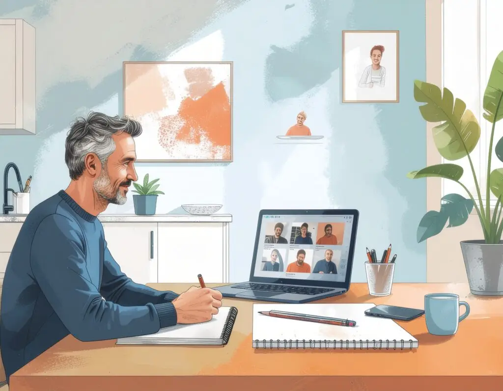 Man at a kitchen table writing in a workbook during a live online workshop