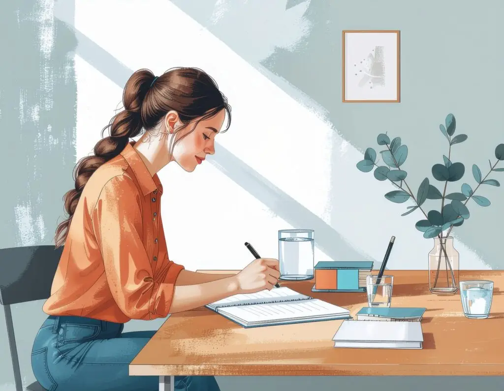 Woman writing thoughtfully in a notebook at a wooden desk with sticky notes